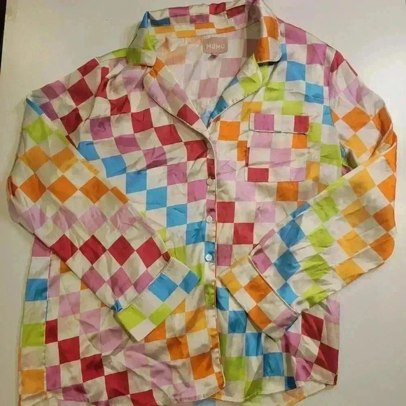 Show Me Your Mumu Womens Early Riser Silky Pajama Top Size S Multi Color Check - Picture 2 of 5